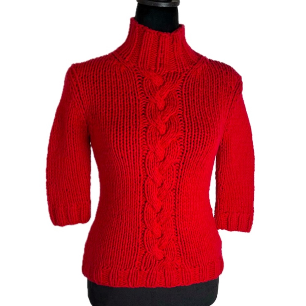 J. Crew Sweater S Red Chunky Cable Knit Cotton Blend Mock Neck Elbow Sleeve